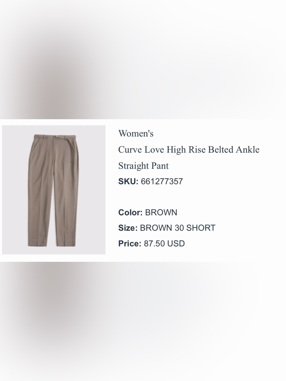 Abercrombie & Fitch Curve Love High Rise Belted Ankle Straight Pant